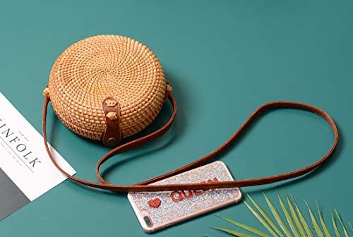 Handwoven Round Rattan Bag Shoulder Leather Straps Natural Chic Hand