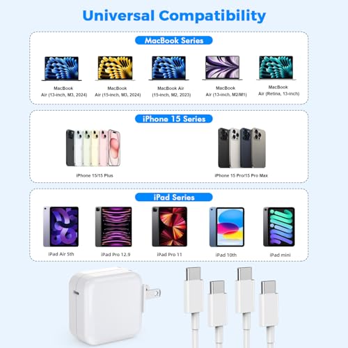 USB C Charger for MacBook Air MacBook Pro 13 14 15 16 inch,M1 M2 M3 Apple Laptop Charger,2Pack 30W USB C Power Adapter for iPad,iPhone 15 Pro Max,10FT Extra Long USB-C Cable MacBook Pro/Air,iPad Pro