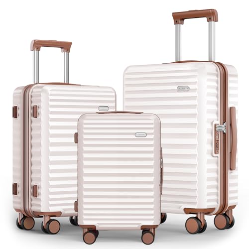 SHOWKOO Luggage Sets 3 Piece Hardside Expandable Suitcase with Double Spinner Wheels Tsa Lock, (Beige White, 5 piece set)