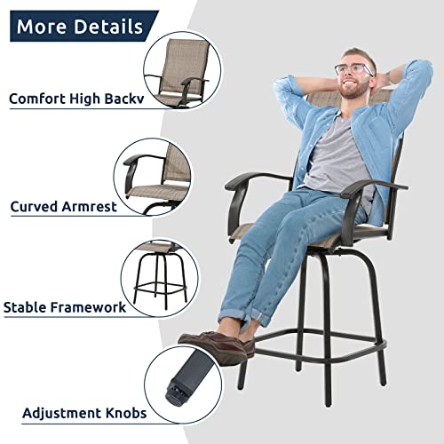 UDPATIO Outdoor Swivel Bar Stools Set of 2,Outdoor High Bistro Stools with Waterproof Textile Fabric,Armrest,Footrest,All Weather Bar Height Patio Chairs for Poolside, Garden, Backyard,Brown