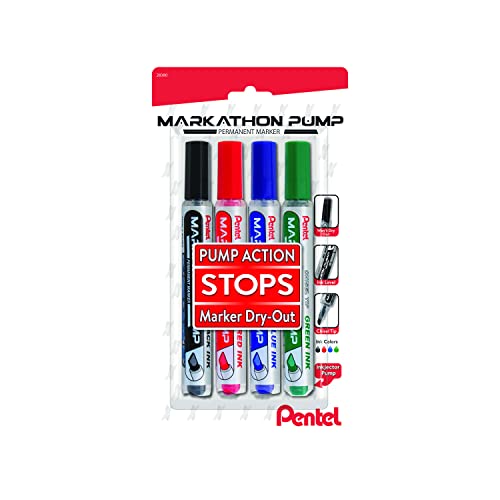 Pentel Markathon Pump Permanent Marker, Chisel Tip, Assorted Colors, 4 Pack (NLF60XBP4M)