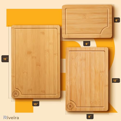 Riveira Bamboo Cutting Boards For Kitchen – Versatile and Durable: Set Of 3 Pcs Rectangular Wooden Cutting Board – Wooden Cutting Boards For Kitchen – Complete Wooden Cutting Boards For Kitchen