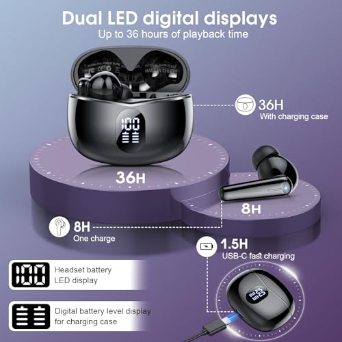 Wireless Earbuds, Bluetooth Headphones 36H Playtime Ear Buds with LED Power Display, IPX7 Waterproof Bluetooth 5.3 Earphones in-Ear Earbuds with 4 Microphone for Android iOS Cell Phone Laptop