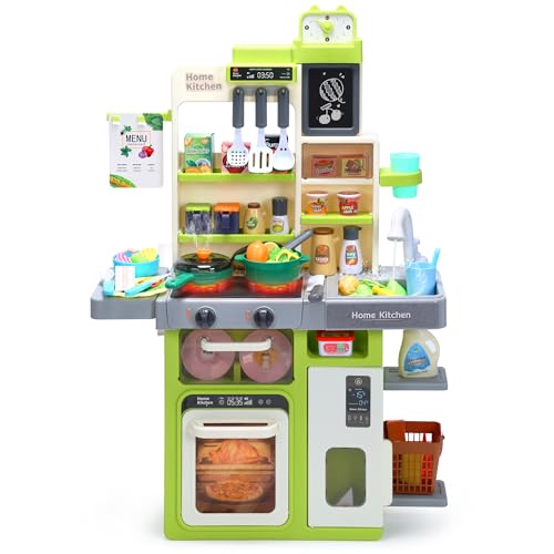 HOLYFUN Kids Kitchen Playset, Pretend Play Kitchen with Sounds and Lights, Cooking Stove Steam,Play Sink and Play Food,Toy Kitchen Set for Kids Toddlers, Green