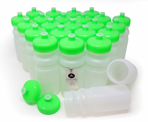 Rolling Sands 20 Oz Sports Water Bottles 24 Pk, BPA-Free, Made in USA, Dishwasher Safe, White Bottles/Neon Lime Green Lids