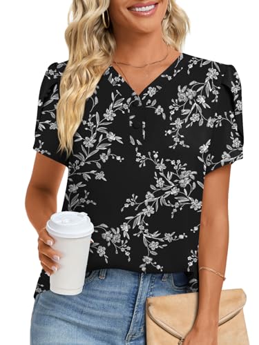 HOTGIFT Ladies 2024 Spring Casual Tunics Tops V Neck Ruffle Short Sleeve Shirt Loose Comfy Chiffon Blouse Polka Dots Red Medium