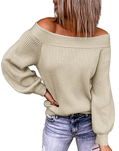 KIRUNDO 2024 Fall Winter Women's Off Shoulder Sweater Long Sleeve Cold Shoulder Ribbed Knit Sweaters Pullover Jumper Tops(Apricot, Small)