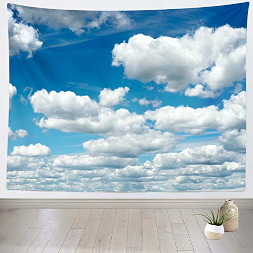 CORFOTO 60x40in Fabric Blue Sky Tapestry White Clouds Wall Picture Tapestry Wall Hanging Blue Sky Wall Tapestry for Bedroom Aesthetic Living Room College Dorm Decor Study Room Window Decor Wallpaper