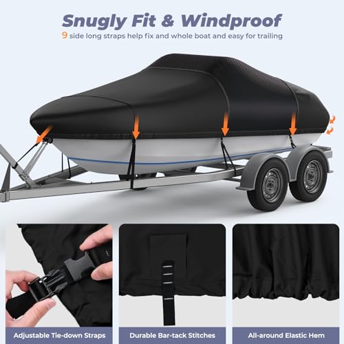 RVMasking Middle 1200D Reinforced Boat Cover with Storage Bag Trailerable Marine Grade Waterproof Boat Cover Fits Bass Boat, V-Hull, Runabout, Length: 14'-16', Beam Width up to 90", Black