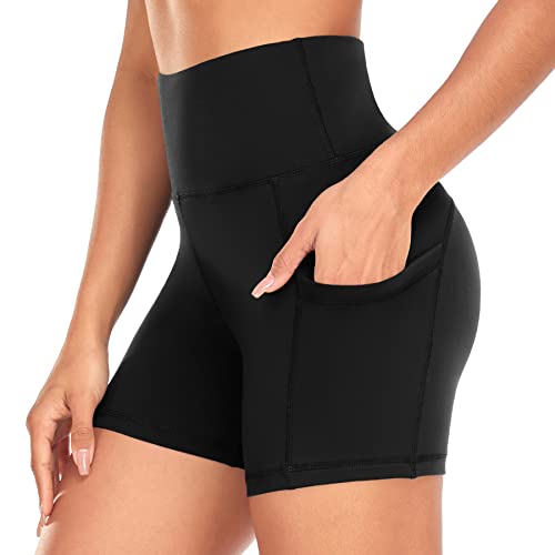 Women’s Biker Shorts with Pockets -5” High Waist Tummy Control Black Yoga Shorts for Workout,Running, Athletic(S,LP)