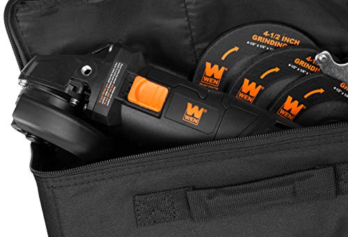 WEN 94475 7.5-Amp 4-1/2-Inch Angle Grinder with Reversible Handle, Three Grinding Discs, and Carrying Case, Black,orange