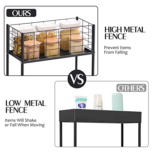 KINGRACK 3-Tier Metal Rolling Utility Cart, Slim Storage Cart, Slide Out Storage Cart, Small Rolling Trolley Kitchen Cart, Cart for Bathroom Laundry Room Office Narrow Place, Black