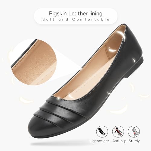 Shupua Flats for Women Dressy Comfortable Flats Shoes Womens Black Flats Leather Work Ballet Flats Round Toe Dress Shoes(Black.us5)