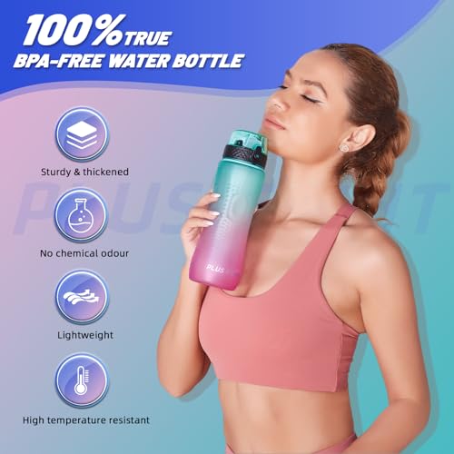 pluseight Water Bottle with Straw, 25 oz Motivational Water Bottles with Time Marker to Drink, Leak-Proof Tritan BPA-Free with Carrying Strap for Women Men Gym Fitness Outdoor (Green Purple)