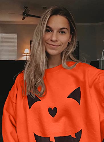 Women's Halloween Pumpkin Face Long Sleeve Sweatshirts Lightweight Casual Pullover Tops (S, Black)
