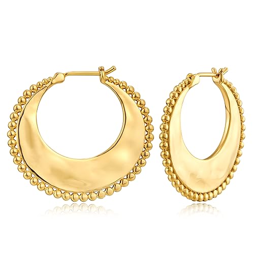 ENSKEFEN Beaded Gold Hoop Earrings for Women 14K Gold Plated Hoop Huggie Earrings Lightweight Hoops Geometric Earrings-Rhombus