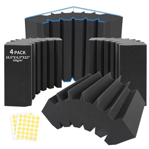 Focusound 4 Pack Bass Traps Corner Acoustic Foam Corner 16.5" X 6.3" X 12" Acoustic Foam Panels Soundproof Padding Wall Panel Corner Block for Home Studio and Theater