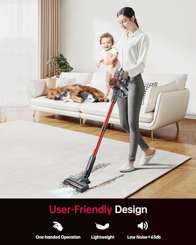 FABULETTA Cordless Vacuum Cleaner with 380W Brushless Motor, Max 50 Mins Runtime Detachable Battery, Max 30kPa Lightweight Stick Vacuum for Home Pet Hair Hard Floor (Red)