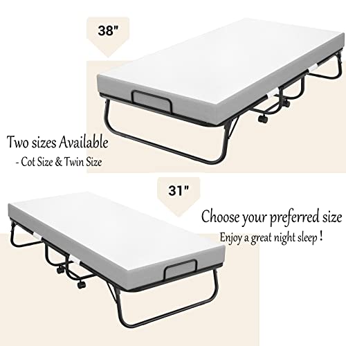 Homieasy Folding Bed with Mattress, Portable Foldable Bed with Storage Cover, Rollaway Bed for Adults with Memory Foam Mattress and Metal Frame, Cot Size Extra Guest Bed on Wheels (75” x 31”)