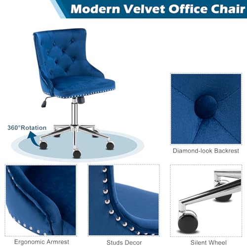 VINGLI Navy Blue Velvet Armless Home Office Desk Chair with Gold Base/Wheels, Cute Vanity/Makeup Chair with Back for Bedroom, Upholstered Adjustable Rolling Swivel Nail Chair for Women/Girls