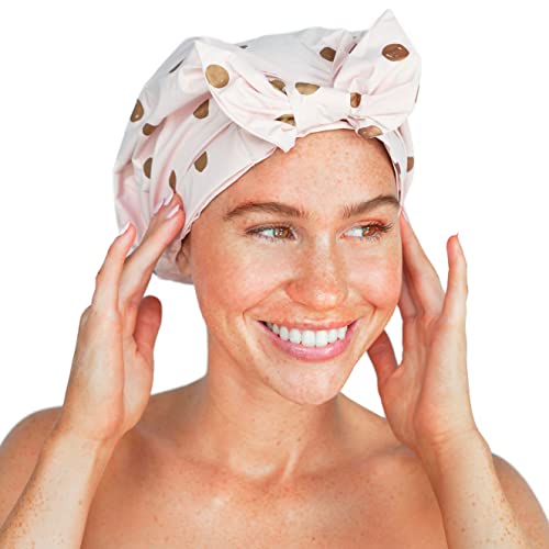 Kitsch Luxury Shower Cap for Women Waterproof - Reusable Shower Cap, Hair Cap for Shower, Waterproof Hair Shower Caps for Long Hair, Non-Slip Cute Shower Cap One Size, Chic Shower Bonnet - Blush Dot