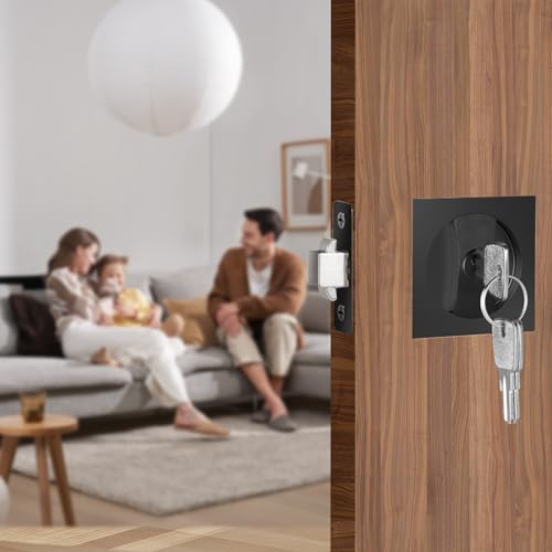 Aglehome Square Door Hardware - Sliding Pocket Door Lock with Key, Flush Latch for Bed/Bath, Matte Black, 2-3/8" Backset