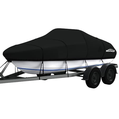 Morhept Waterproof Boat Cover 12-14 ft, Upgraded Bass Tracker Boat Cover for Mooring Towing, All-Weather Heavy Duty Boat Tarp Covers Fits Runabout, V-Hull, Tri-Hull, Black