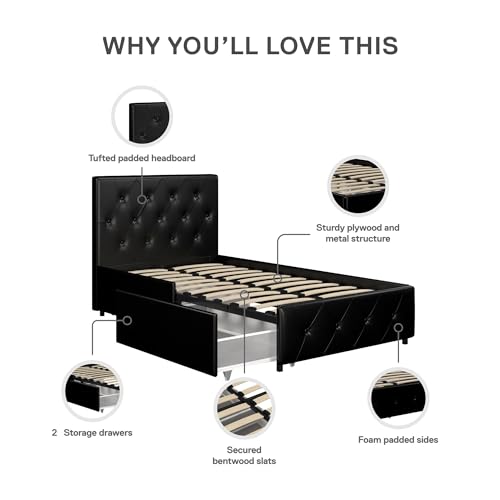 DHP Dakota Upholstered Platform Bed with Underbed Storage Drawers and Diamond Button Tufted Headboard and Footboard, No Box Spring Needed, Twin, Black Faux Leather