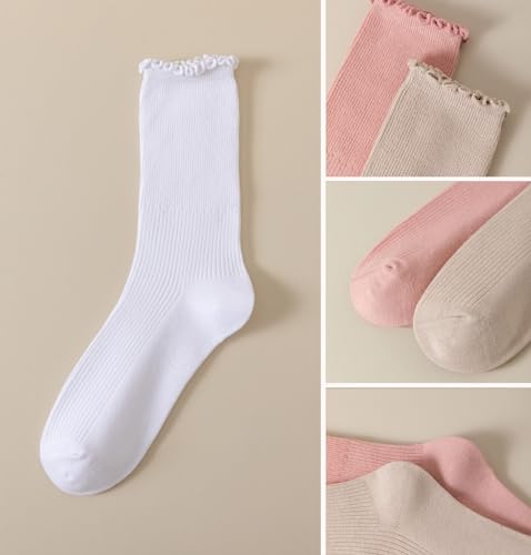 SRYL Ruffle Ankle Socks for Women's,Casual Cute Turn-Cuff Socks Soft Breathable Knit Cotton Lettuce Frilly Crew Socks Women/Girls (3 Pairs (white+light beige+khaki))