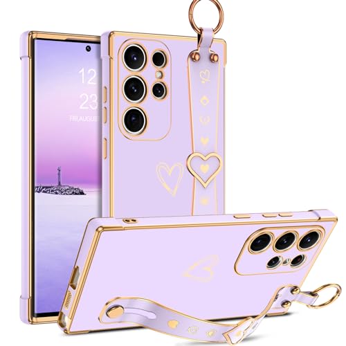 BENTOBEN Compatible with Samsung Galaxy S24 Ultra Phone Case 2024, Slim Thin Shockproof Kickstand Holder Protective TPU Bumper Drop Protection Cute Heart Girl Women Boy Men S24Ultra Cover, Purple/Gold