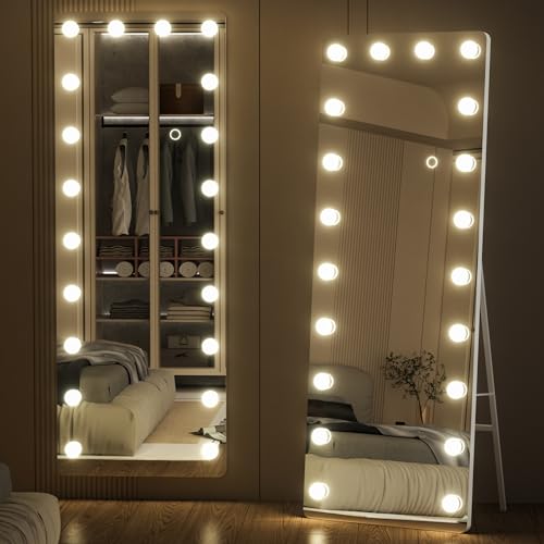 OUYOBO Full Length Mirror with Lights, 55" x 18" Led Standing Mirror, Hollywood Full Body Mirrors with Bulbs, Wall Mounted, 3 Colors Temperature