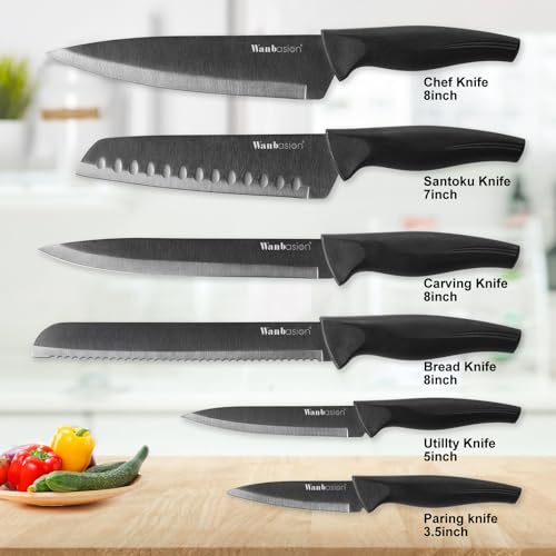 Wanbasion Black Professional Kitchen Knife Chef Set, Stainless Steel, Dishwasher Safe with Sheathes