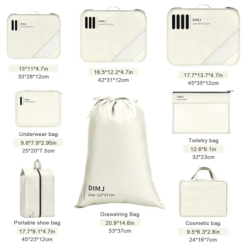 DIMJ Packing Cubes for Suitcases - Travel Cubes for Packing, Lightweight Luggage Packing Cubes, Suitcase Organizer with Laundry Bag, Shoes Bag, Toiletry Bag (Beige)