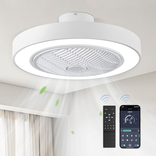 LEDIARY 20 Inch Low Profile Ceiling Fan With Light, Led Bladeless Ceiling Fan, Remote Control Enclosed Flush Mount Ceiling Fan With Timming, 3000-6000K, 6 Wind Speed, 3000LM, 57W-White