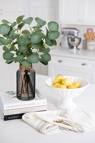 Briful Artificial Eucalyptus Stems in Amber Glass Vase with Faux Water, 14" Fake Plant Eucalyptus Leaves for Home Office Farmhouse Wedding Centerpiece Décor
