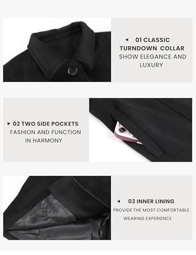 UANEO Womens Pea Coat Faux Wool Single Breasted Long Trench Coat Peacoat Dress Coat Winter (Black-S)