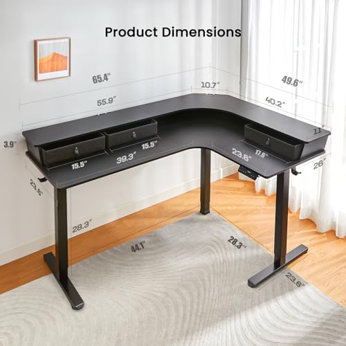 ErGear 65″ L Shaped Gaming Desk with 3 Drawers, Standing Desk Height Adjustable w/Monitor Shelf [C-Clamp Mount Compatible], Corner Stand up Desk w/Cable Management Trays for Home Office, Black