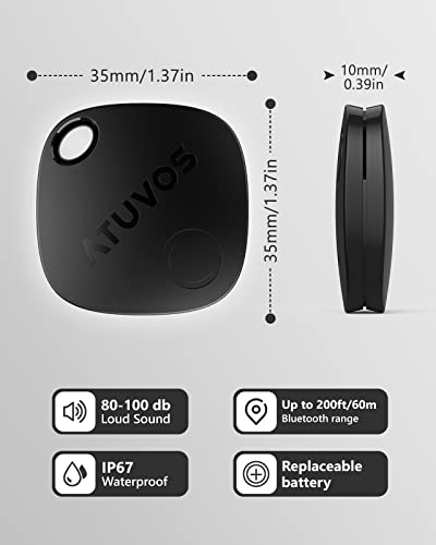 ATUVOS Keys Finder 2 Pack, Bluetooth Luggage Tracker Works with Apple Find My (iOS only), Item Locator GPS Tracker for Keys, Wallet, Suitcase, Bags, IP67 Waterproof, Privacy Protection, Lost Mode