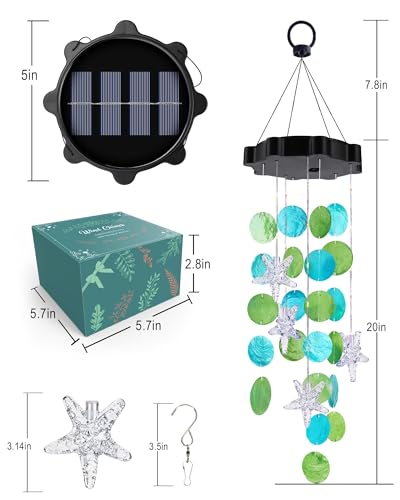 Toodour Solar Wind Chimes for Outside, Shells Light Gifts for Mom Grandma Women Wife Girls, Waterproof Solar Outdoor Decorative Mobile Light for Holiday Garden Porch Yard Outdoor Decor (Blue & Green)