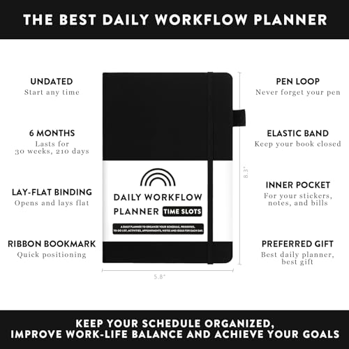 KNTHE 2024 Planner. Undated Daily Planner, Weekly and Monthly Planner 2024. Achieve Your Goals, A5 Size, Hardcover Agenda with Time Slots. Start Anytime Daily Workflow Planner. (Black)