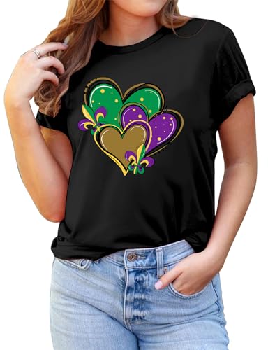 MAIHUN Happy Mardi Gras Shirt Womens Mardi Gras Day Heart Tshirt Tuesday Carnival Tee New Orleans Party Short Sleeve Black