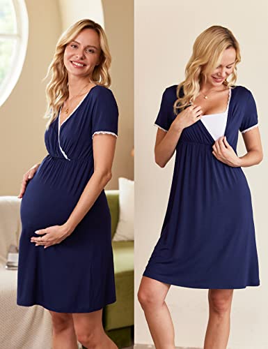 Ekouaer Nursing Nightown Delivery and Labor Gown for Hospital Short Sleeve Maternity Breastfeeding Dress Blue Large