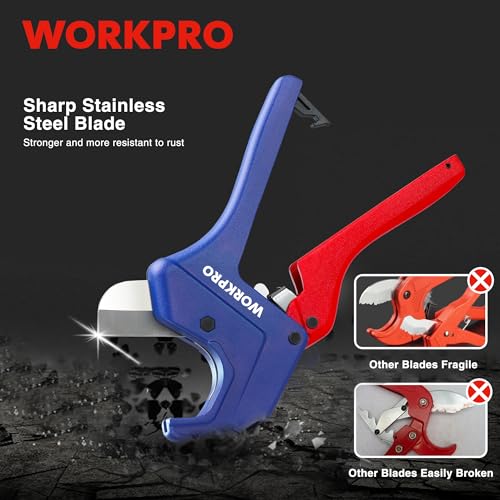 WORKPRO Ratchet PVC Pipe Cutter, Up to 1-5/8", Plastic Pipe and Tubing Cutter for PEX, PVC, PPR, and Plastic Hoses, High-quality Aluminum Die-casting Body with Sharp Stainless Steel Blades