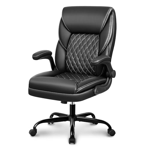 BestEra Executive Office Chair, Big and Tall Leather Ergonomic Office Chair, High Back Home Office Desk Chairs with Flip-Up Arms, Lumbar Support Computer Swivel Chair with Rocking Function (Black)