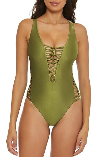 Becca by Rebecca Virtue Women's Standard Color Sheen One Piece Swimsuit, Plunge Neck, Sexy Satin, Bathing Suits, Agave