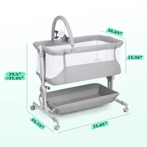 Cowiewie Baby Bassinet 2-1 Beside Sleeper with Wheels & Hanging Toys for Baby Foldable Adjustable Height Portable Bassinets (GREY)