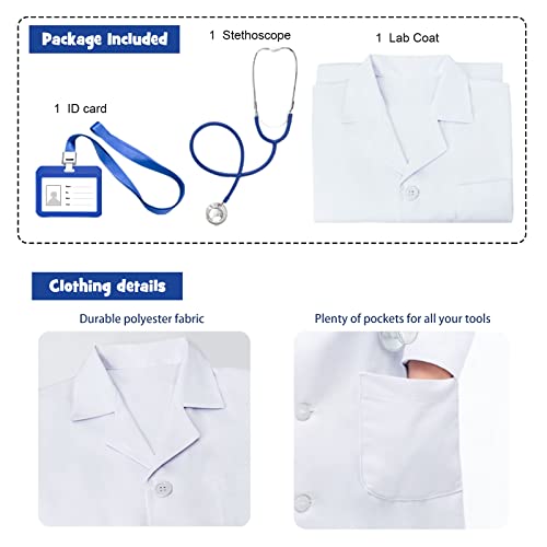 HTVYYDS White Lab Coat for Kids, Doctor Coat with Working Stethoscope and ID Card,Doctor Scientist Costume for Boy Girls