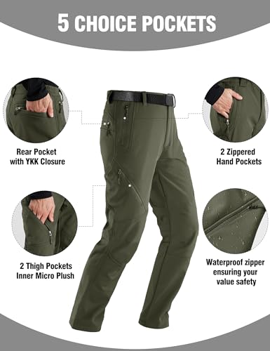 FREE SOLDIER Men's Fleece Lined Outdoor Cargo Hiking Pants Water Repellent Softshell Snow Ski Pants with Zipper Pockets(Camo/Black 42W x 32L)