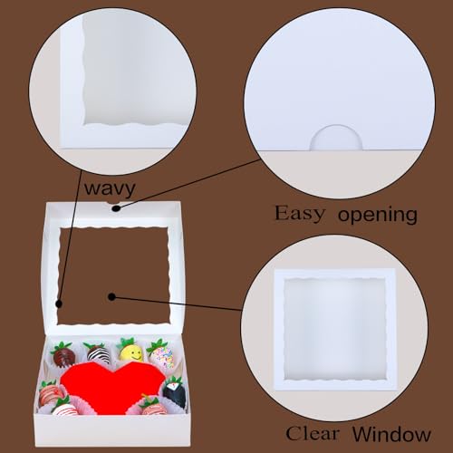 RomanticBaking 14pcs 9x9x2.5 Inches Bakery Boxes with Window Pie Boxes Breakable Heart Boxes Chocolate Covered Strawberries Boxes Cookies Boxes Cakesickle Boxes