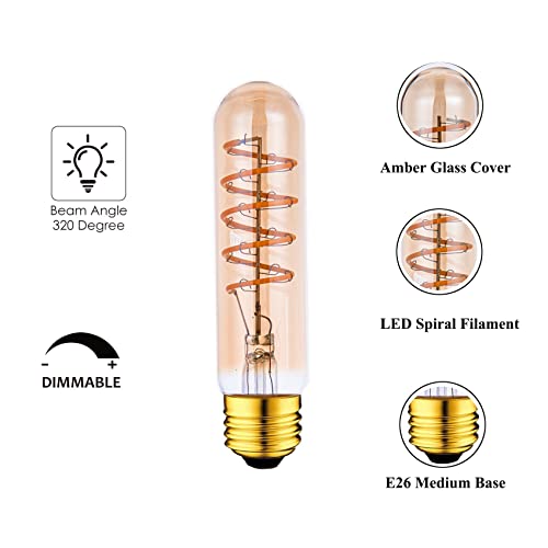 T10 LED Bulbs 40 Watt Equivalent 4W Dimmable Edison Tubular Light Bulb E26 Medium Base 2700K Warm White, T10 Vintage Amber Glass Spiral Filament LED Light Bulb, 2 Pack